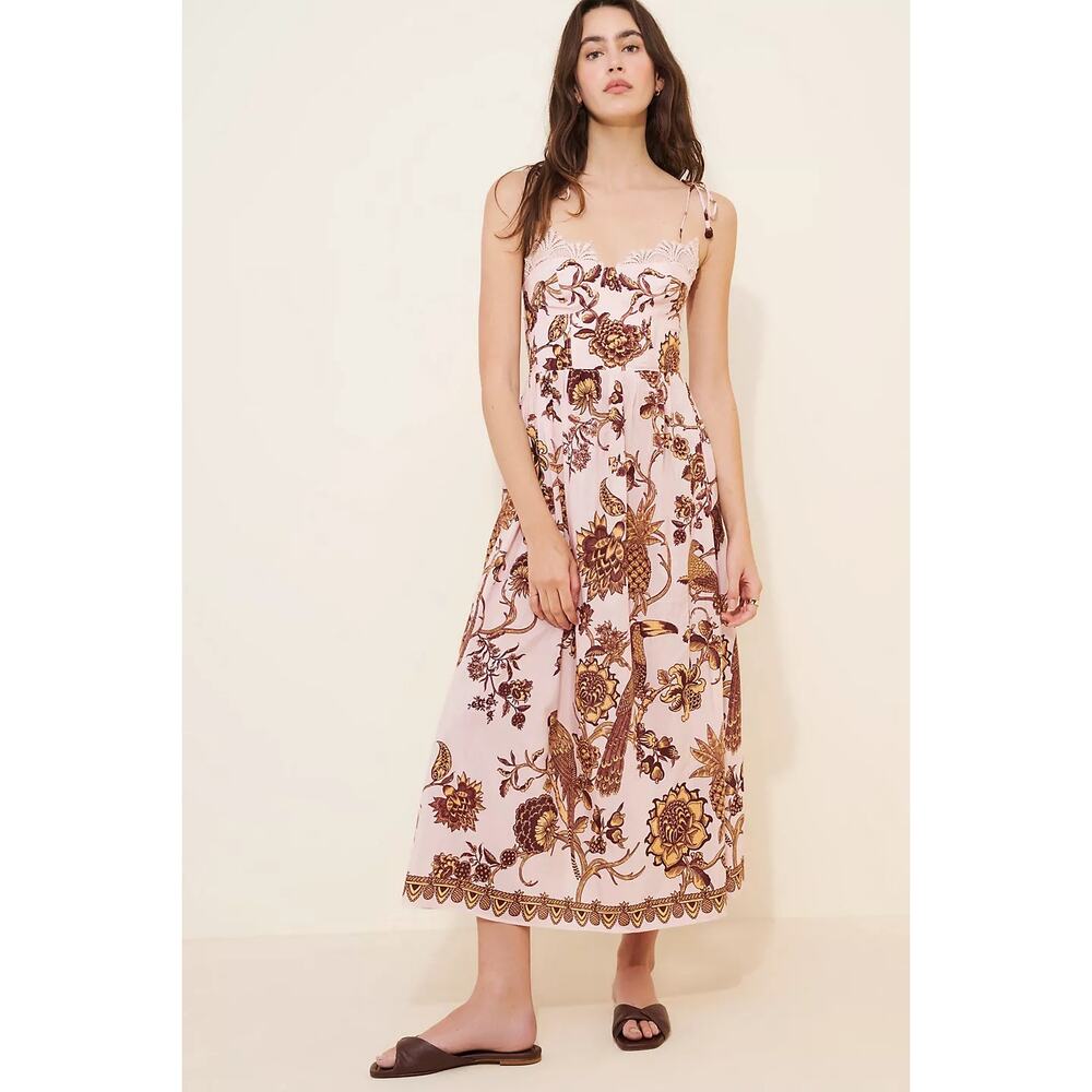 FARM Rio Tropical Landing Dress Floral Bird Sleeveless Lace Midi Pink Yellow M